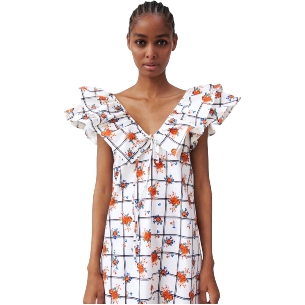 Zara CottageCore Mixed Print Floral Grid Ruffle Sleeve Midi‎ Dress Size S…